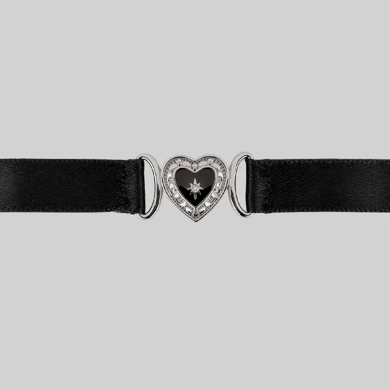 Women’s emerald necklaces-SOLEMN. Black Enamel Heart Satin Choker - Silver