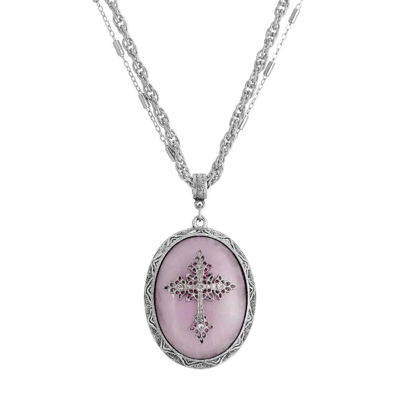 Women’s gemstone chain necklaces-Symbols of Faith Multi Chain Oval Gemstone & Cross Pendant Necklace 18" + 3" Extender