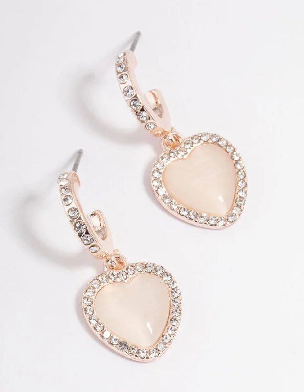 Women’s dangling gemstone earrings-Rose Gold Catseye Diamante Heart Huggie Earrings