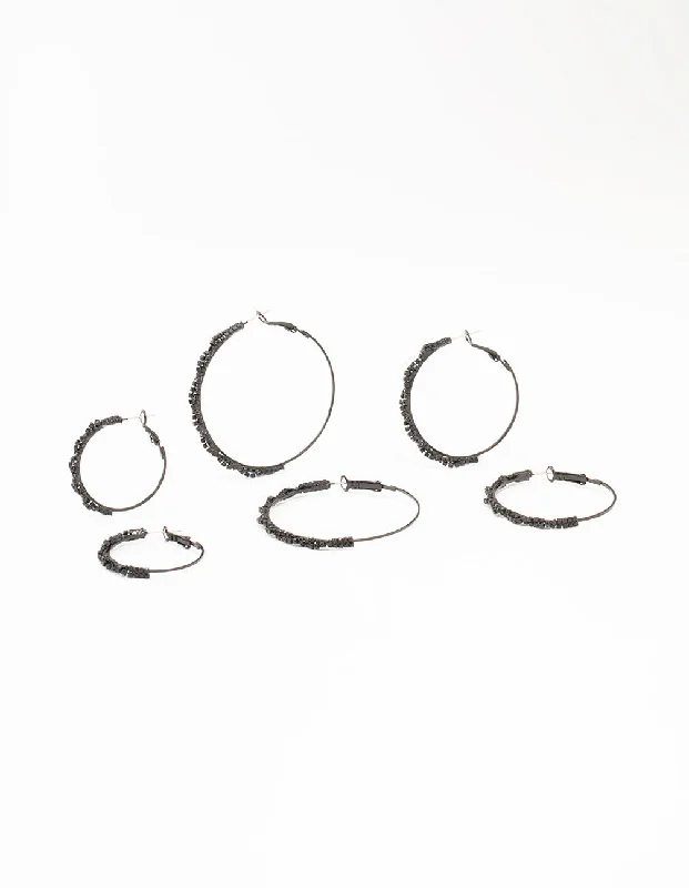 Women’s rose gold earrings-Black Coated Twisted Hoop Earrings 3-Pack