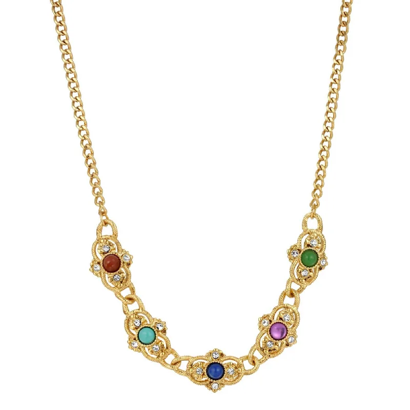 Women’s vintage gold necklaces-1928 Jewelry Prestige Textured Link Crystal Multi Color Stone Collar Necklace 15" + 3" Extender