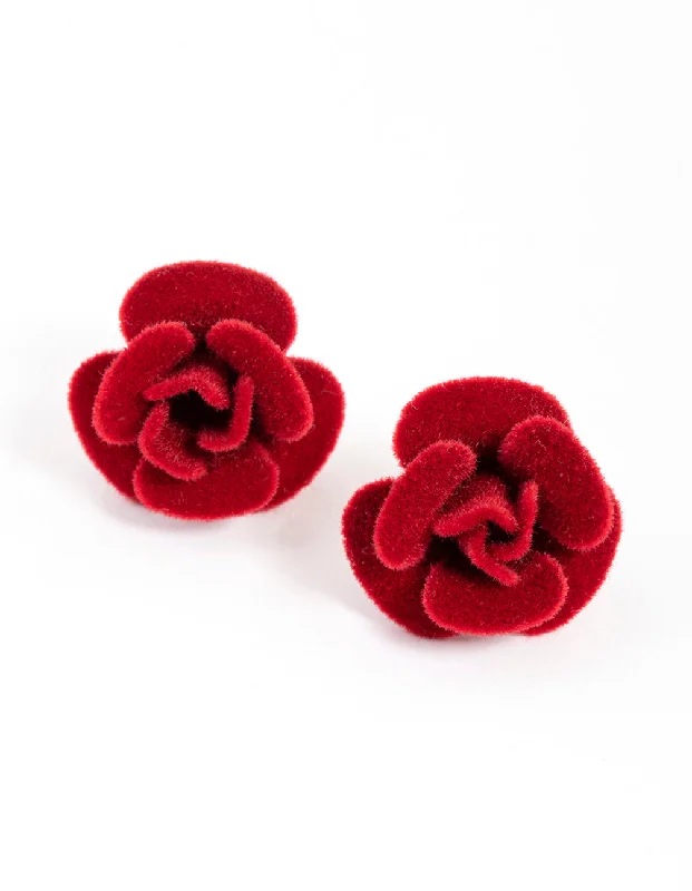 Women’s cubic zirconia earrings-Red Fabric Velvet Rose Stud Earrings