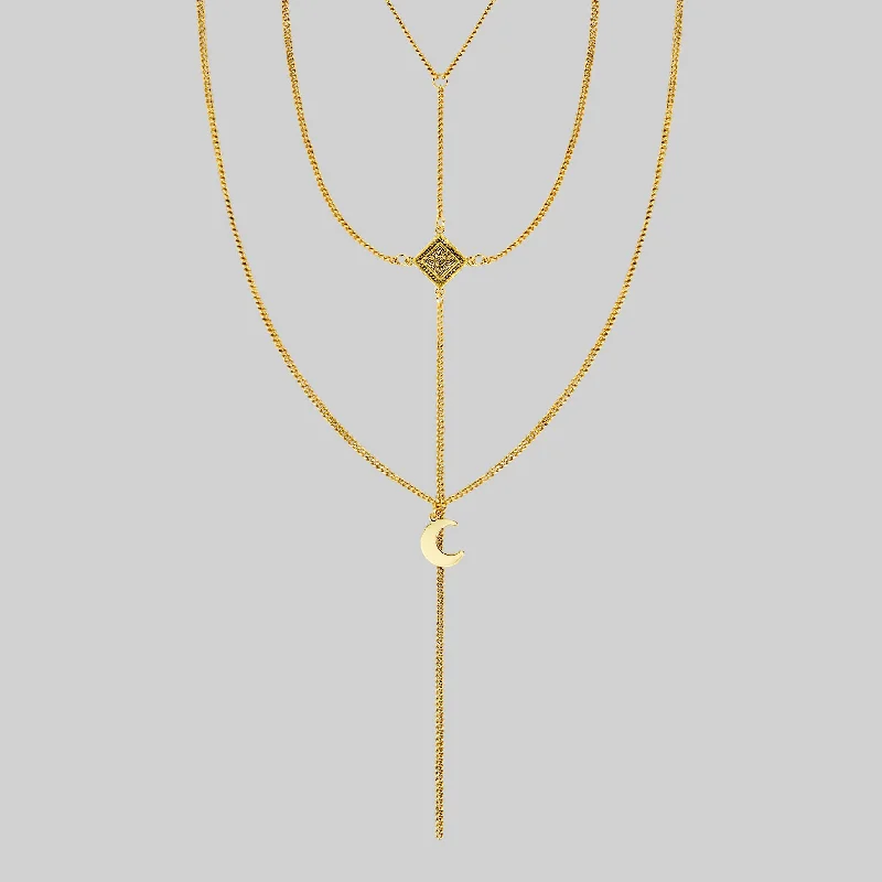 Women’s geometric necklaces-ZODIAC. Layered Moon Chain Choker - Gold