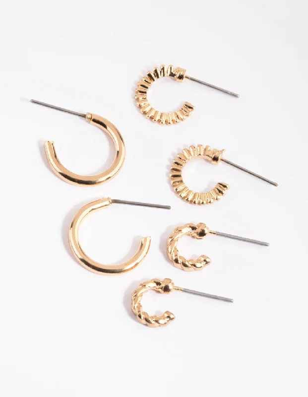 Women’s celestial earrings-Gold Mixed Text Huggie Hoop Earring Pack