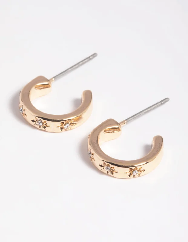 Women’s casual earrings-Gold Diamante Star Huggie Hoop Earrings