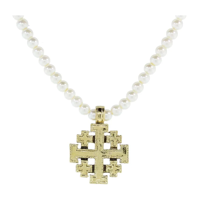 Women’s gold choker necklaces-1928 Jewelry Gold Jerusalem Cross Pendant 4mm Faux Pearl Strand Necklace 15" + 3" Extender