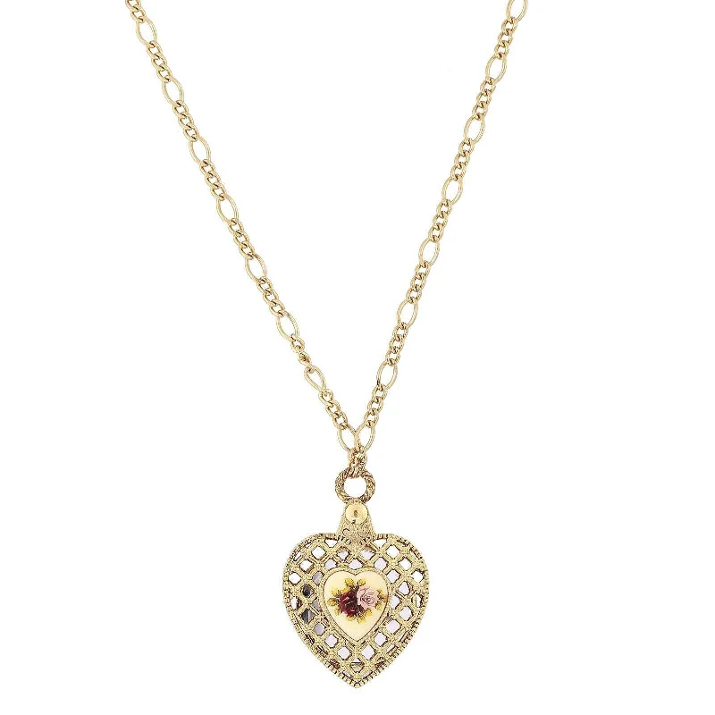 Women’s chunky necklaces-1928 Jewelry Manor House Pink & Purple Rose Heart Mirror Pendant Necklace 30"