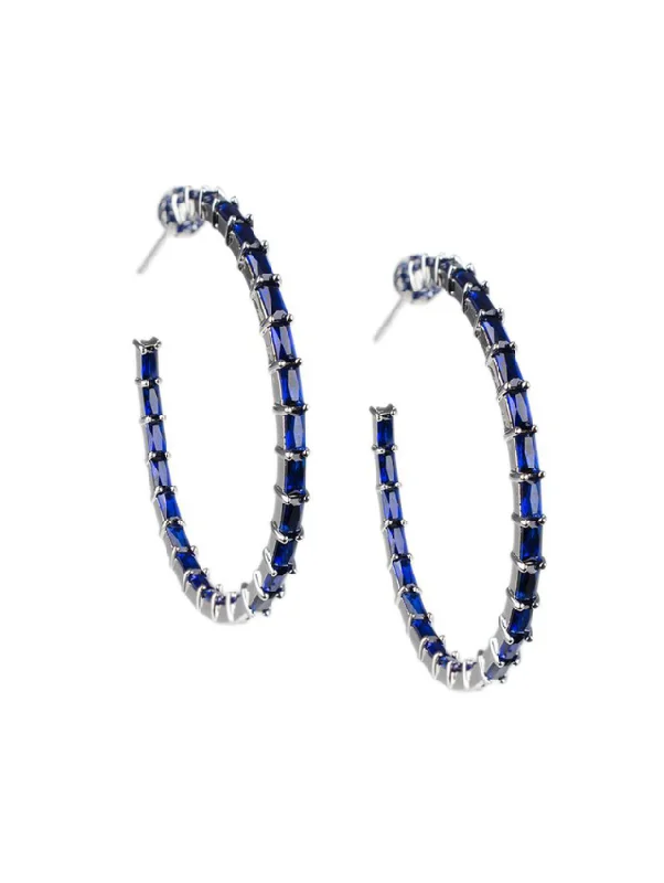 Women’s pearl drop earrings-Blue Sapphire Baguette Inside Out Hoop Earrings