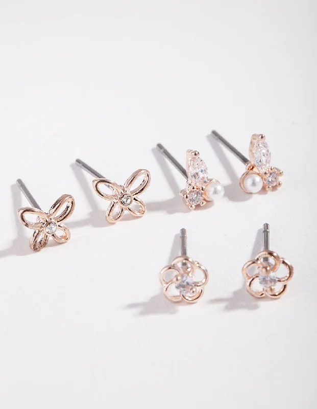 Women’s handmade earrings-Rose Gold Flower & Pearl Micro Ear Stacker