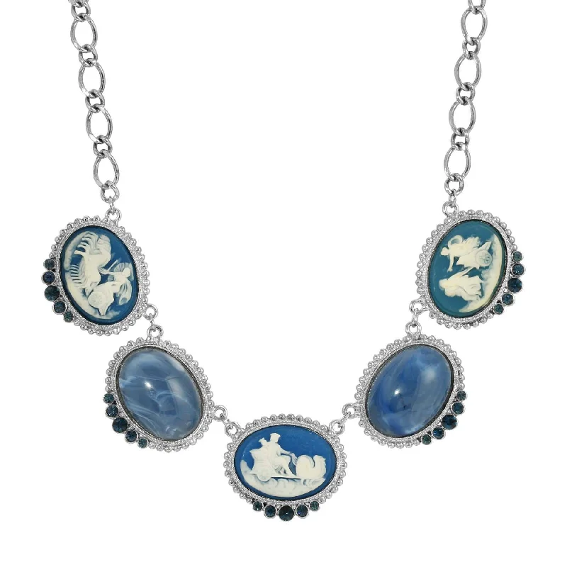 Women’s antique necklaces-1928 Jewelry Roman Chariot Races Cameo Blue Stone Chain Necklace 16" + 3" Extender