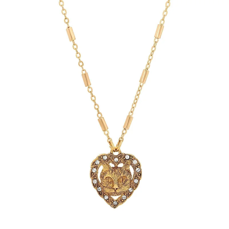 Women’s heart-shaped necklaces-1928 Jewelry Heart And Cat Crystal Accent Pendant Necklace 18"