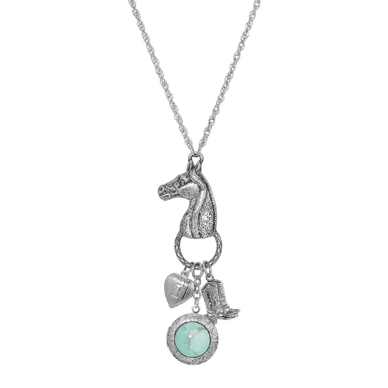 Women’s oval pendant necklaces-1928 Jewelry Southwest Horse Head Turquoise Locket & Charms Necklace 28"