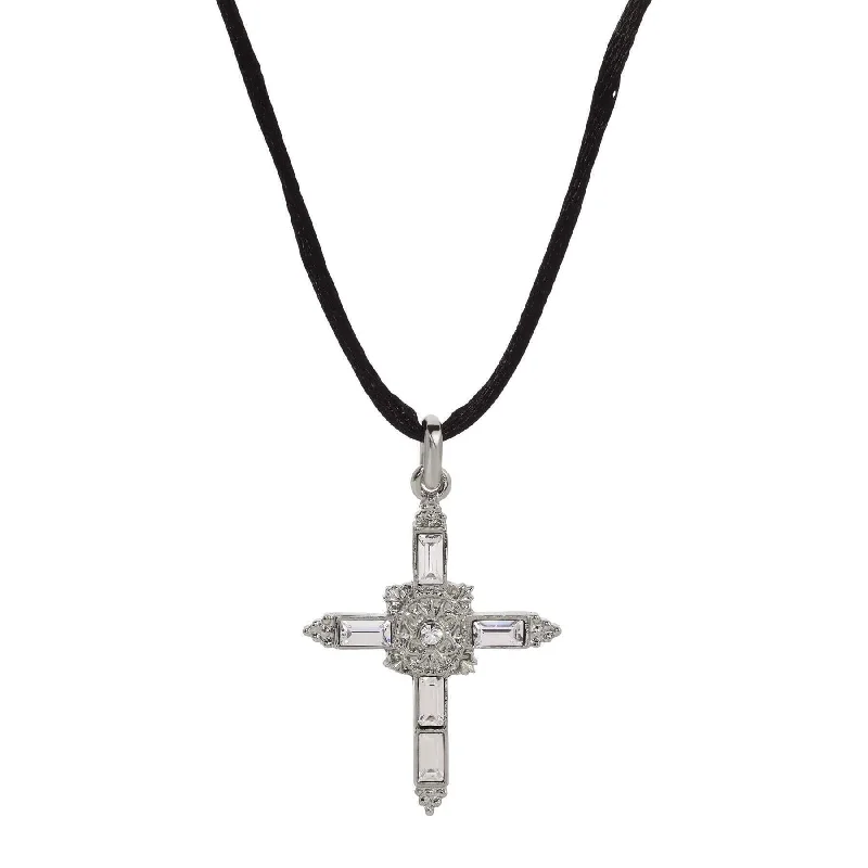 Women’s tribal necklaces-Symbols Of Faith Baguette Crystal Cross Pendant Black Satin Cord Necklace 14" + 5" Extender