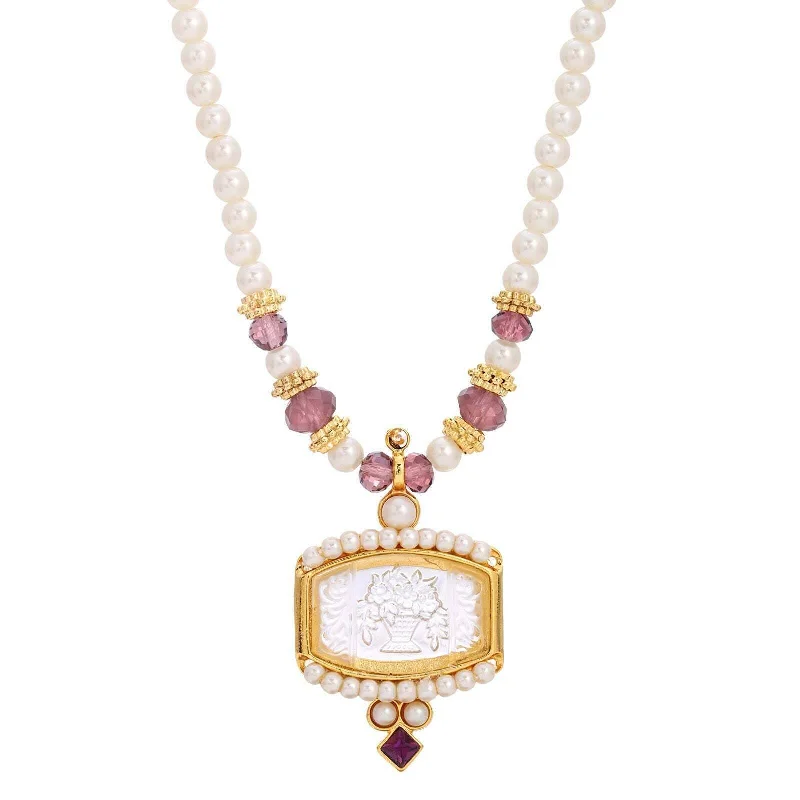 Women’s vintage diamond necklaces-1928 Jewelry Faux Pearl Strand Etched Flower Bouquet Glass Intaglio Purple Crystal Pendant Necklace 15" + 3" Extender