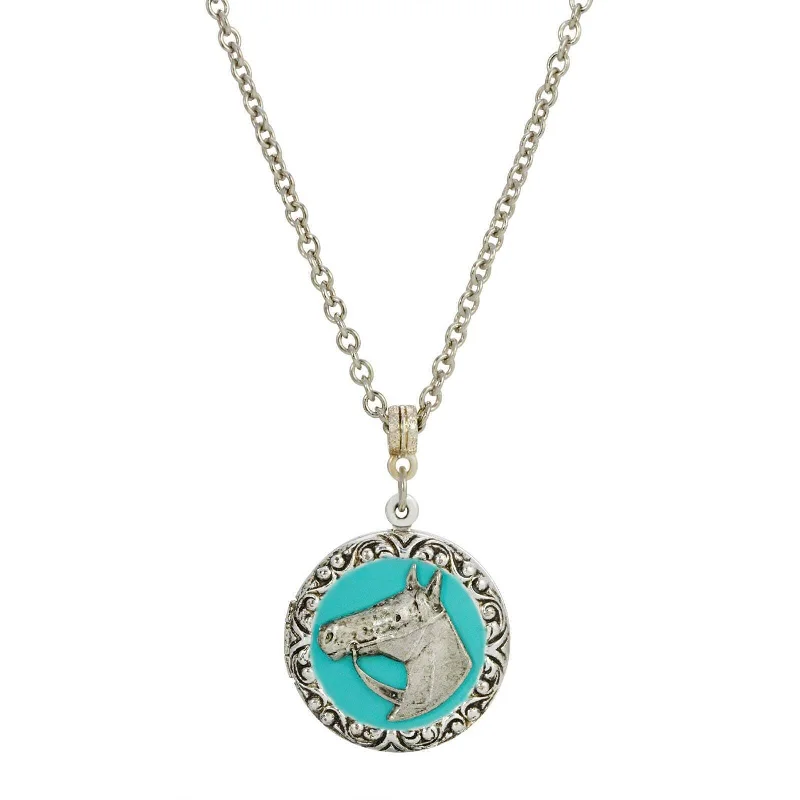 Women’s crystal necklaces-1928 Jewelry Southwest Turquoise Enamel Horse Head Round Locket Necklace 24"