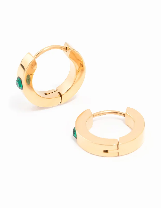 Women’s silver hoop earrings-Gold Plated Surgical Steel Round Diamante Classic Huggie Earrings