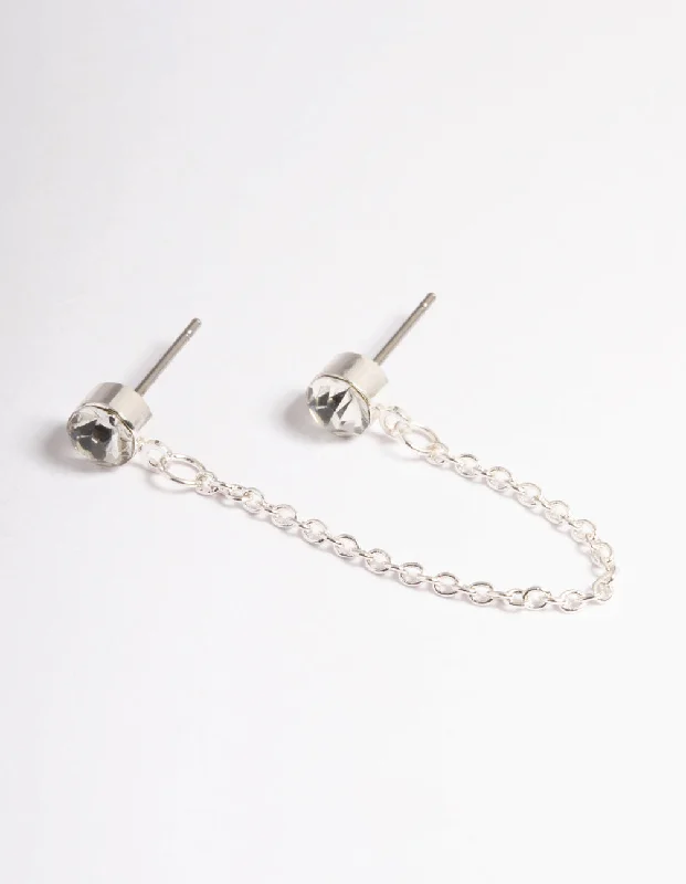 Women’s chic earrings-Silver Double Diamante Chain Earrings