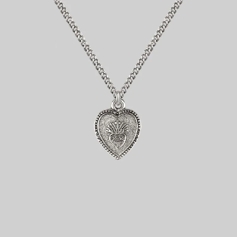 Women’s crystal necklaces-ARDOUR. Sacred Heart Charm Necklace - Silver