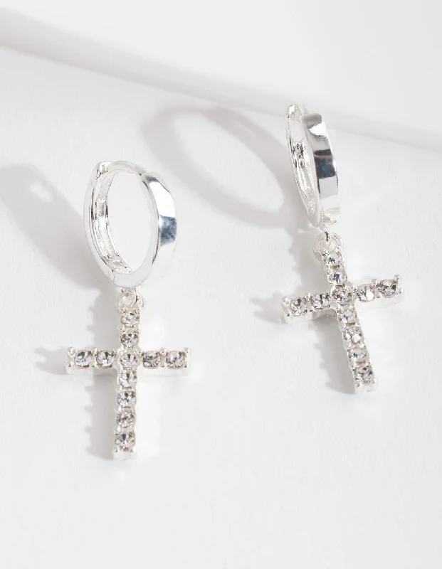 Women’s colorful earrings-Silver Diamante Cross Huggie Earrings