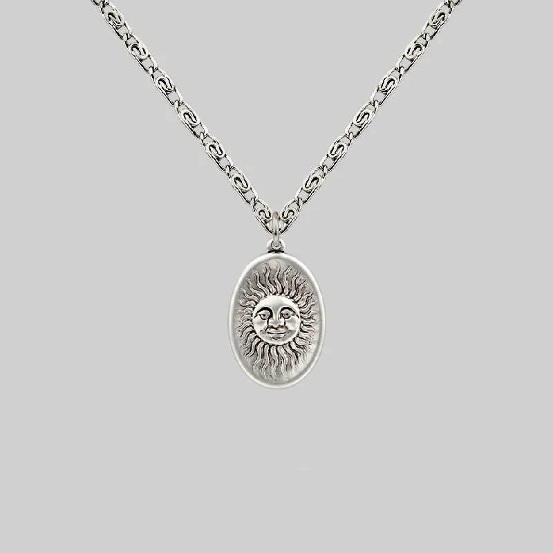 Women’s Victorian necklaces-DAWN. Symbolic Sun Face Necklace - Silver