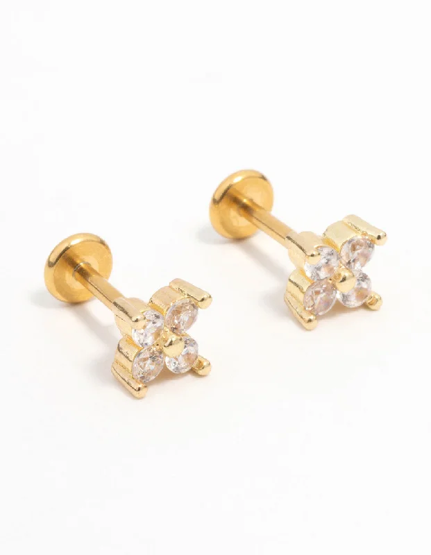 Women’s earrings with diamonds-Gold Plated Surgical Steel Cubic Zirconia Mini Flower Flat Back Earrings 2-Pack