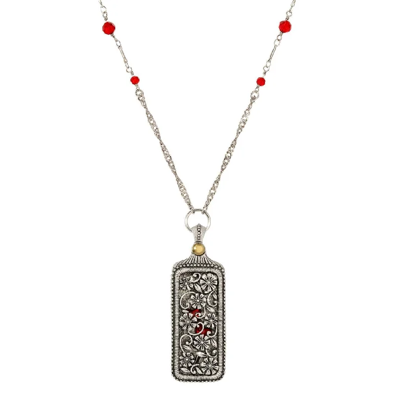 Women’s silver choker necklaces-1928 Jewelry Pewter Floral Swinging Cover with Red Hearts Pendant Necklace 30"