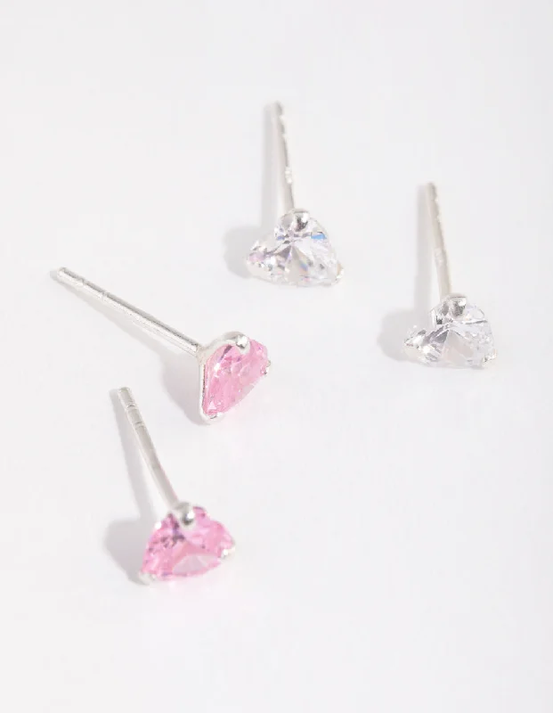 Women’s screw-back earrings-Sterling Silver Diamond Simulant & Cubic Zirconia Heart Stud Earring Pack