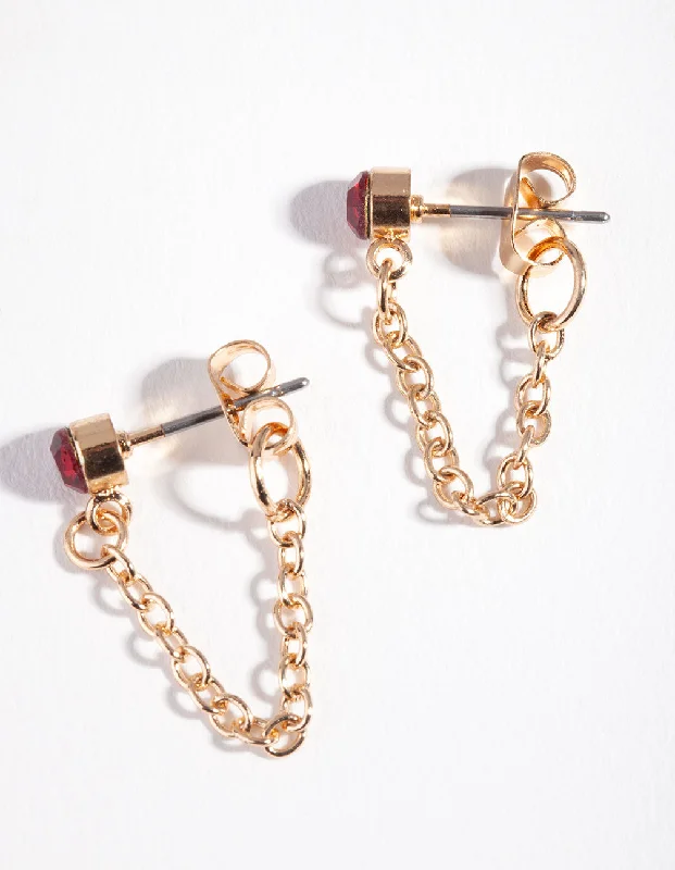 Women’s custom earrings-Gold Red Stone Chain Stud Earrings