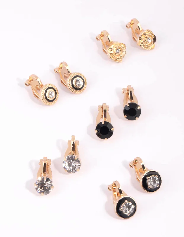 Women’s star earrings-Gold Diamante Clip On Earring 8-Pack