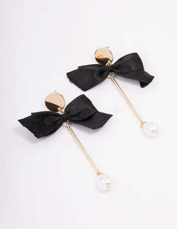 Women’s handmade earrings-Gold Bow & Pearl Bar Drop Earrings