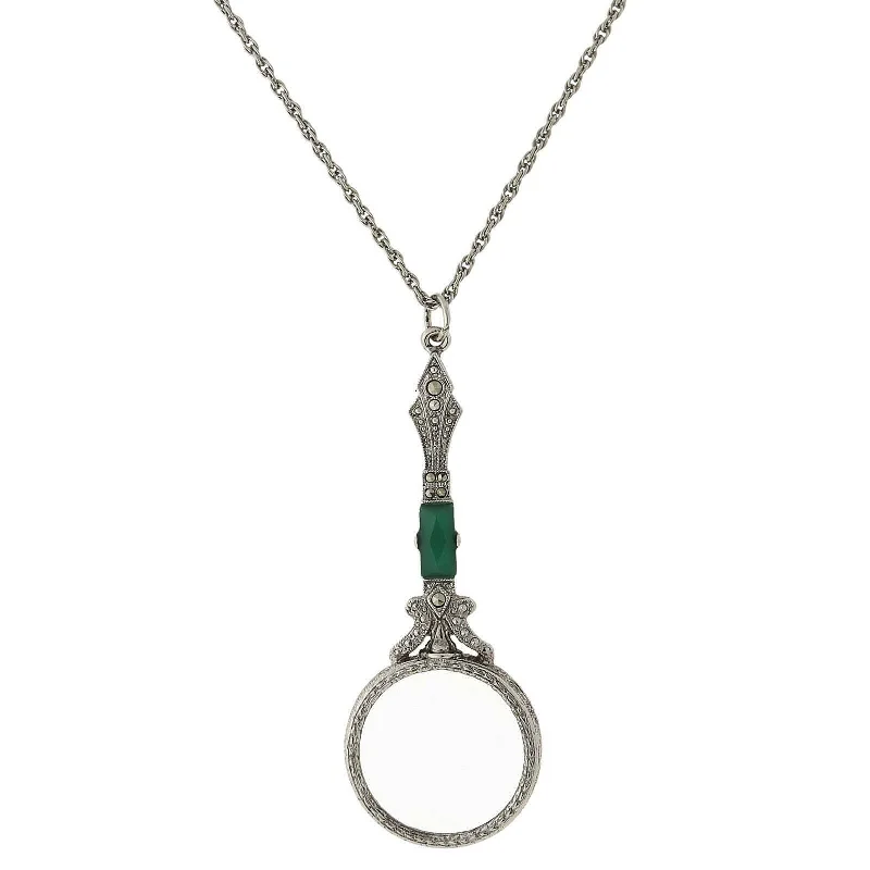 Women’s turquoise necklaces-1928 Jewelry Deco Marcasite Baguette Stone Round Magnifying Glass Necklace 28" - Magnification Power: 6-7X