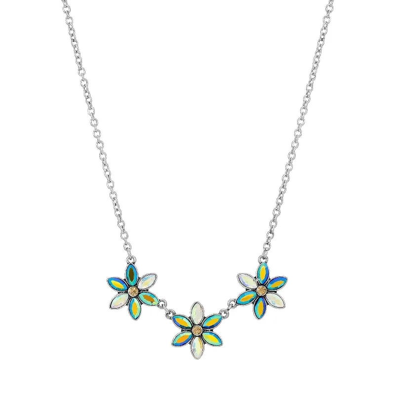 Women’s geometric necklaces-1928 Jewelry Peacock Plumage Blue Iridescent AB Glass Flower Necklace 16" + 3" Extender