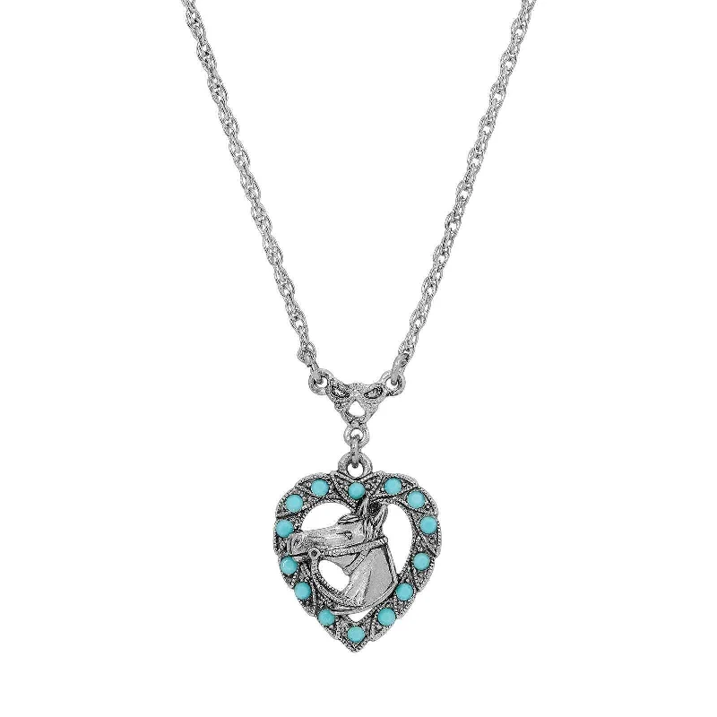 Women’s rose gold necklaces-1928 Jewelry Heart Horse Head Turquoise Crystal Pendant Necklace 16"