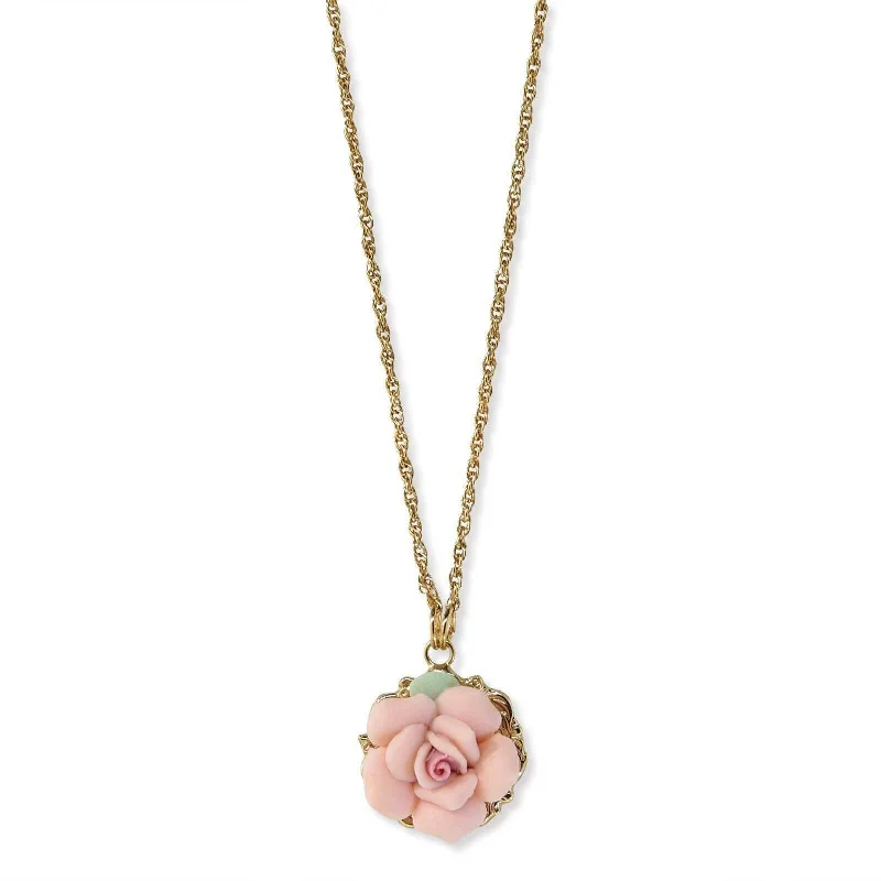 Women’s statement chain necklaces-1928 Jewelry Genuine Porcelain Rose Pendant Necklace 16" + 3" Extender