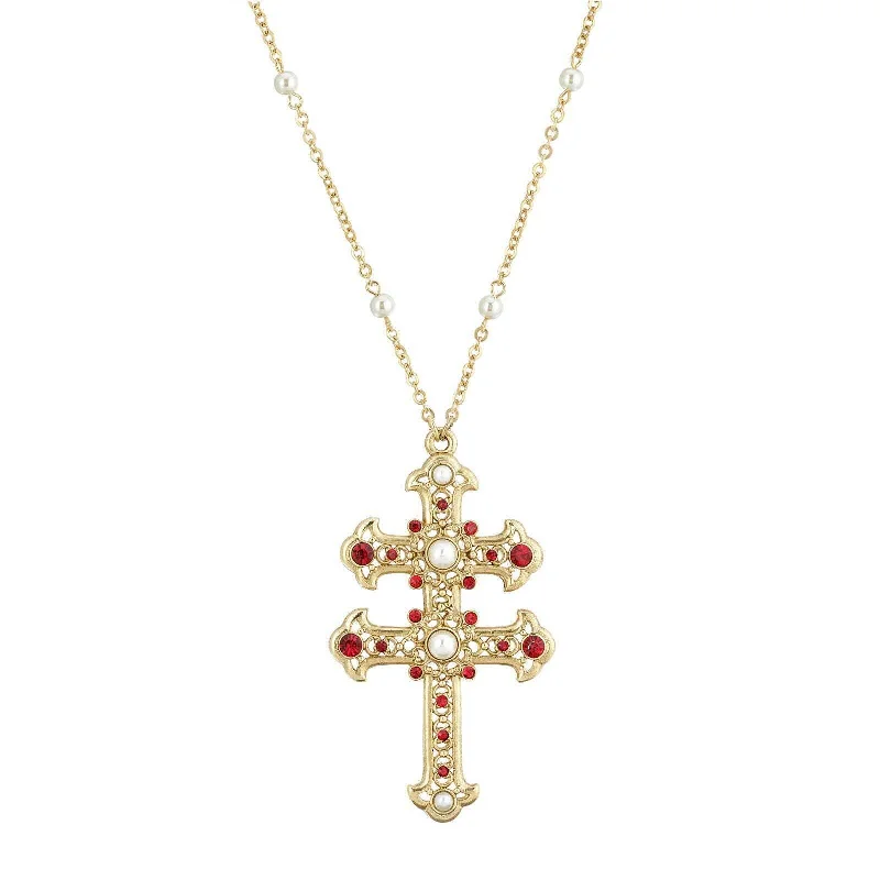 Women’s pearl necklaces-Symbols Of Faith Crystal and Faux Pearl Double Cross 30 Pendant Necklace