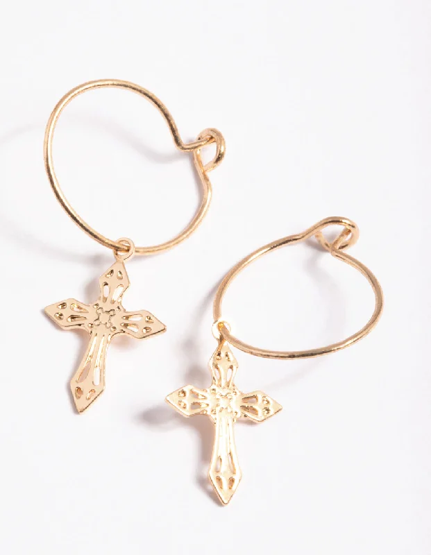 Women’s dangling gemstone earrings-Gold Filigree Cross Hoop Earrings