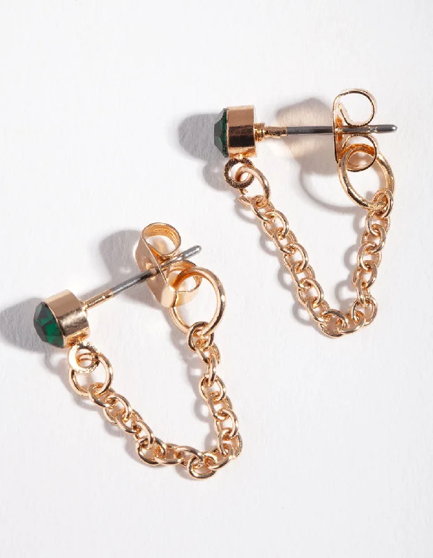 Women’s luxury earrings-Gold Green Stone Chain Stud Earrings