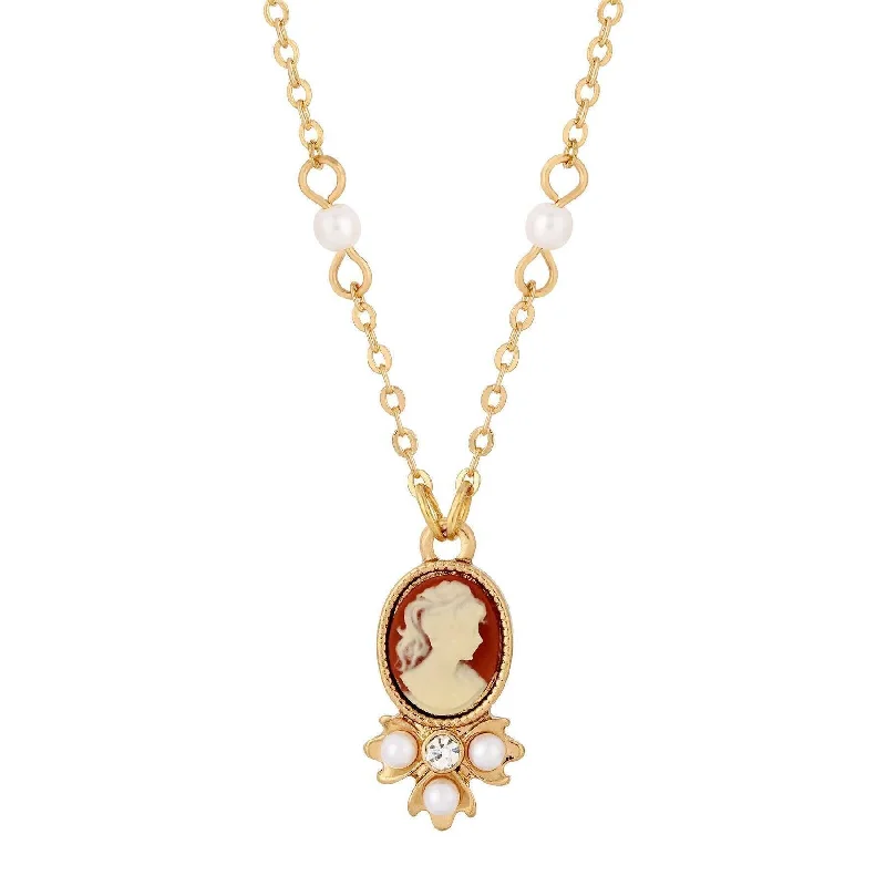 Women’s religious necklaces-1928 Jewelry Faux Pearl Cameo Pendant Necklace 16" + 3" Extender