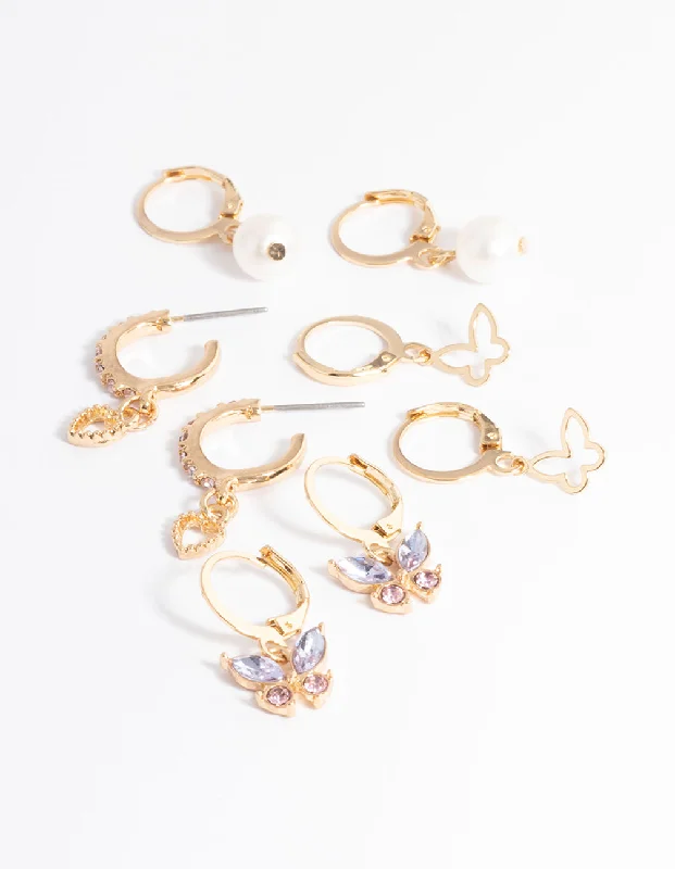 Women’s vintage-inspired earrings-Gold Butterfly & Pearl Earrings 4-Pack