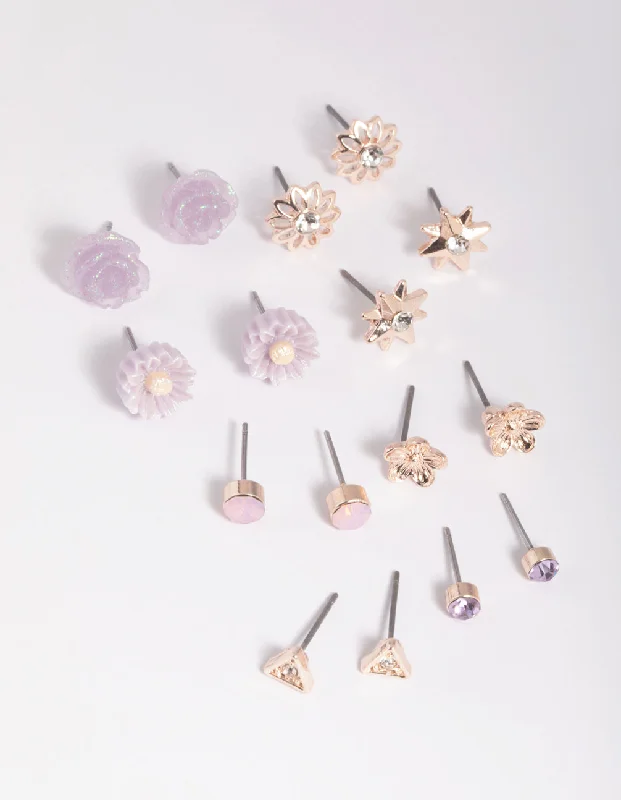 Women’s flower earrings-Rose Gold Triangle & Flower Stud Earring 8-Pack