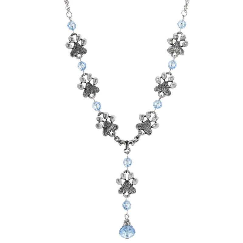 Women’s heart-shaped pendant necklaces-1928 Jewelry Paw Prints And Light Sapphire Glass Bead Y Necklace 16" + 3" Extender