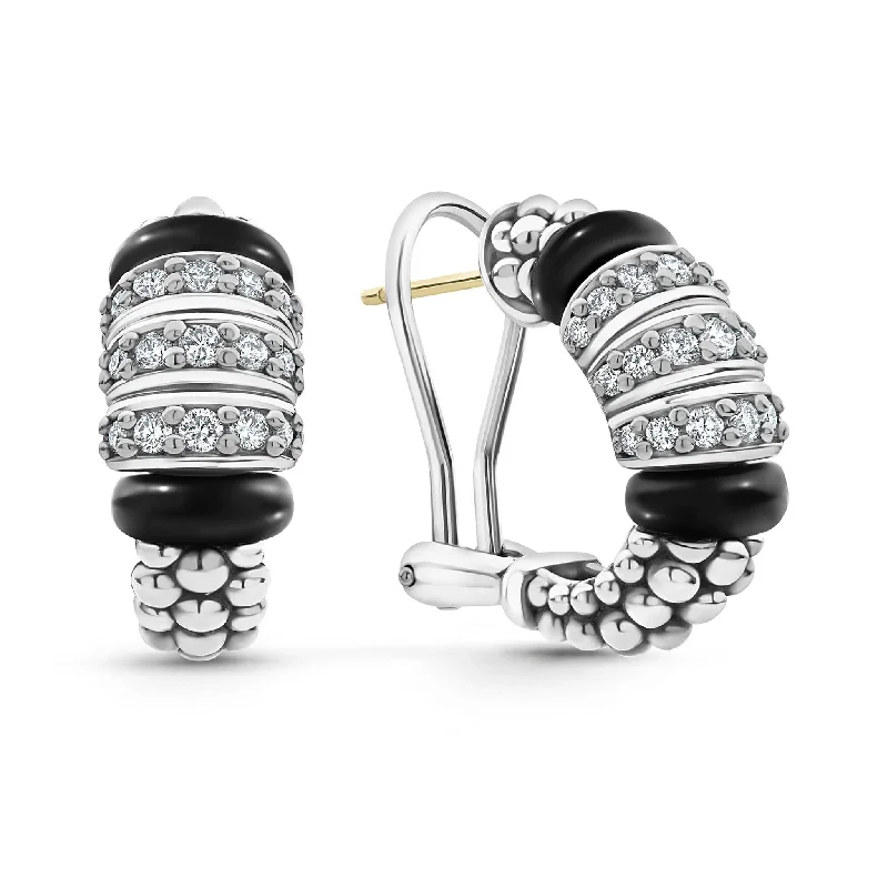 Women’s ear cuff earrings-Black Caviar Three Station Ceramic Diamond Hoop Earrings