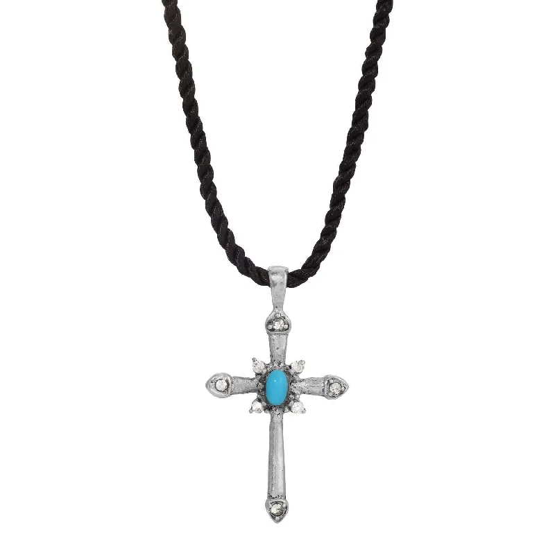 Women’s pearl and diamond necklaces-Symbols Of Faith Twisted Cord Crystal Turquoise Pewter Cross Pendant Necklaces 15"