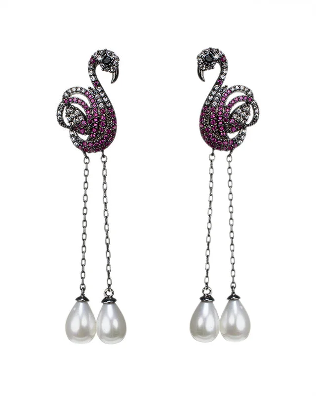 Women’s pearl earrings-Pave Flamingo Earrings