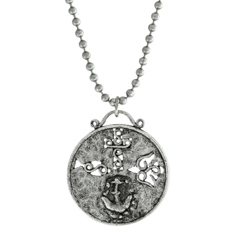 Women’s layered silver necklaces-Symbols Of Faith Cross Dove Fish And Anchor Round Medallion Pendant Necklace 22"