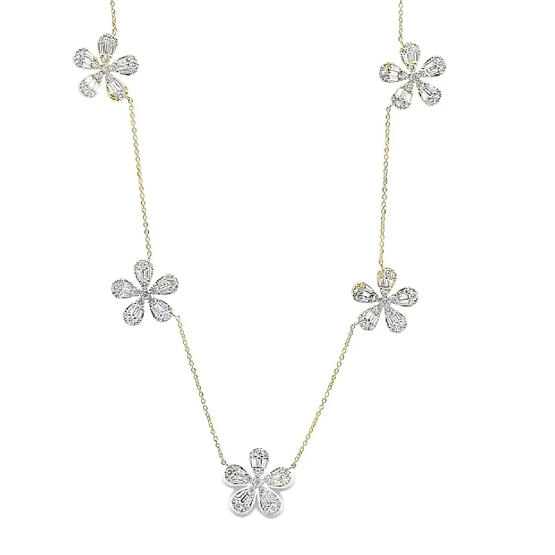 Women’s minimalist necklaces-Large Baguette & Round Diamond 5 Flower Station Necklace