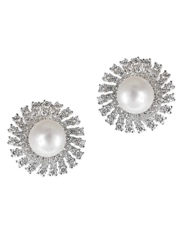 Women’s silver earrings-Freshwater Pearl Sunburst Earrings