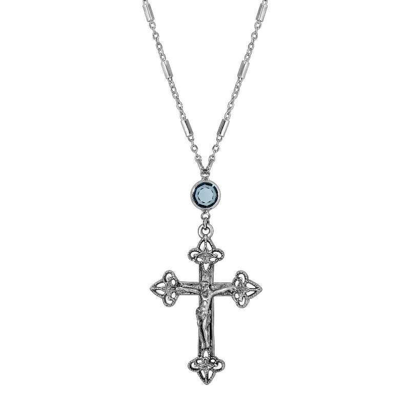 Women’s beach necklaces-Symbols Of Faith Antiqued Pewter Crucifix Blue Channel Pendant Necklace 18"