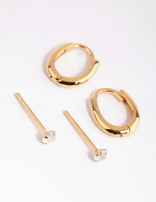 Women’s fashion earrings-Gold Plated Sterling Silver Diamante & Oval Huggie Earring Pack