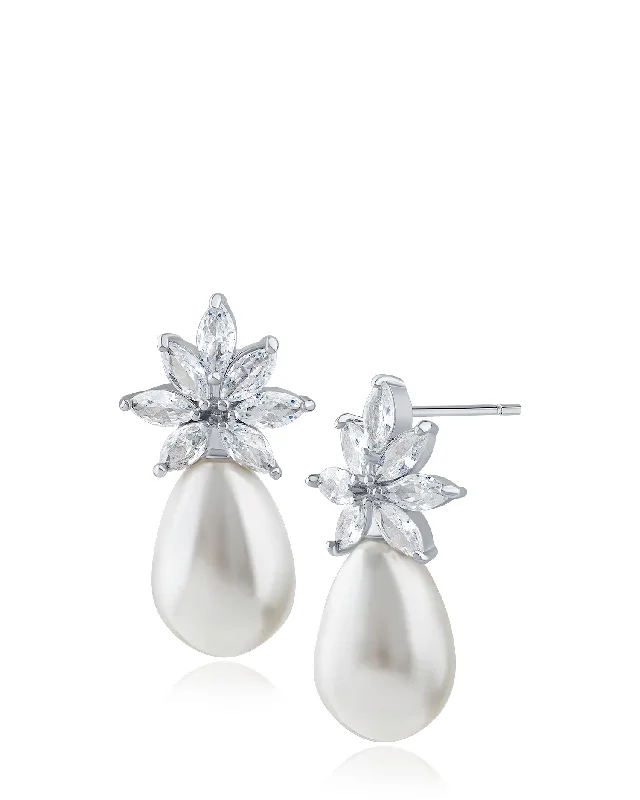 Women’s wedding earrings-Marquise CZ and Pearl Drop Earrings